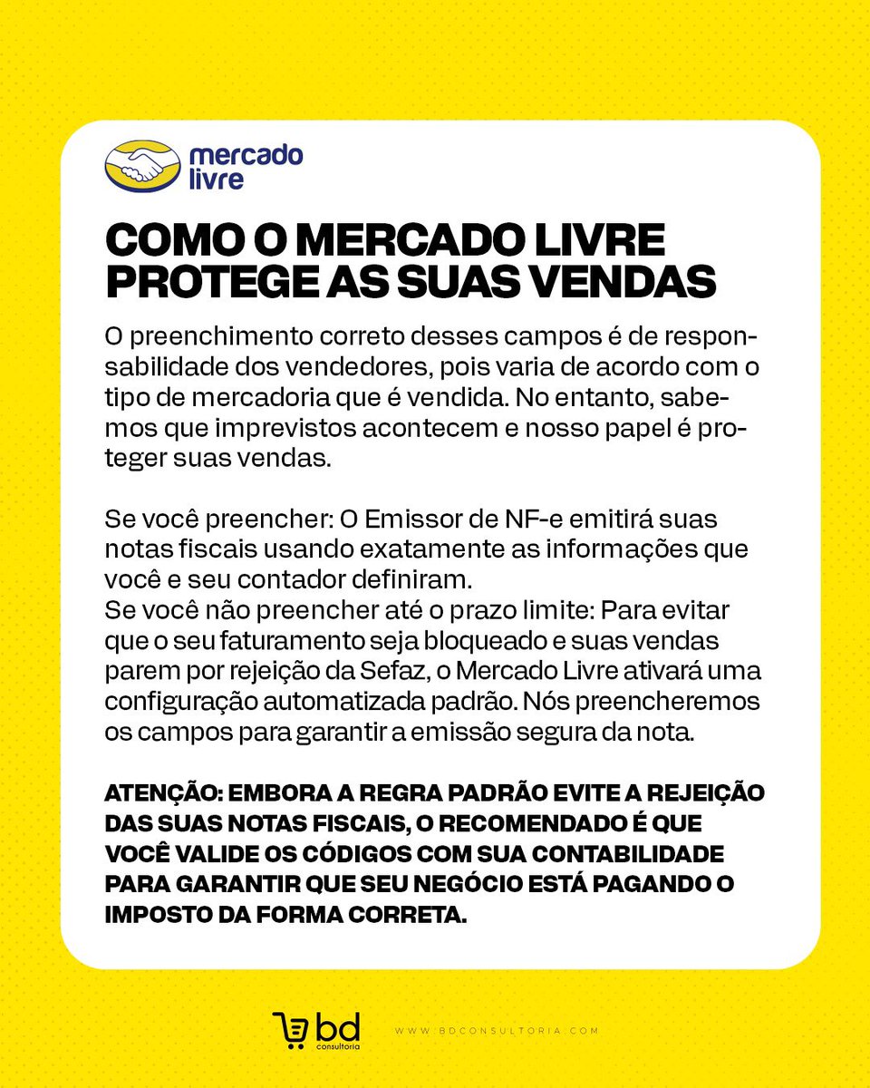 DaroltBruno's tweet photo. 🚨 Atenção, vendedores do Mercado Livre!

🧾 A partir de 03 de agosto, entram em vigor novas exigências para a emissão de NF-e e NFC-e, relacionadas à Reforma Tributária e aos novos impostos IBS e CBS. https://t.co/lOEbTzkiPg