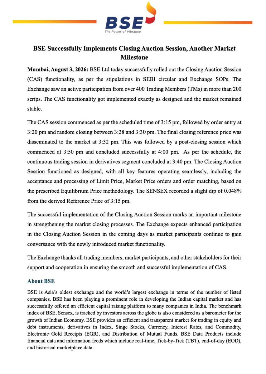 BSEIndia's tweet photo. BSE Successfully Implements Closing Auction Session, Another Market Milestone

To know more: https://t.co/T8b5B3NC4K

#bseindia https://t.co/hNMyJhsZ9p