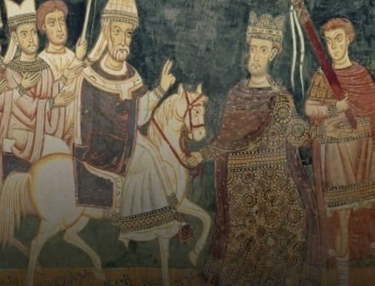 TaylorRMarshall's tweet photo. Popes are now carried in a Popemobile, and previously in an elevated chair carried by men (Sedia Gestatoria). Popes before 900 processed on a white horse or mule. The honor of leading the horse (or mule) by its bridle was reserved to the officium stratoris, usually for the Christian Emperor. This tradition goes back to the legend that Emperor Constantine did this service for Pope Sylvester (painting below). We do know that King Pepin the Short performed the service for the mounted Pope Stephen II.