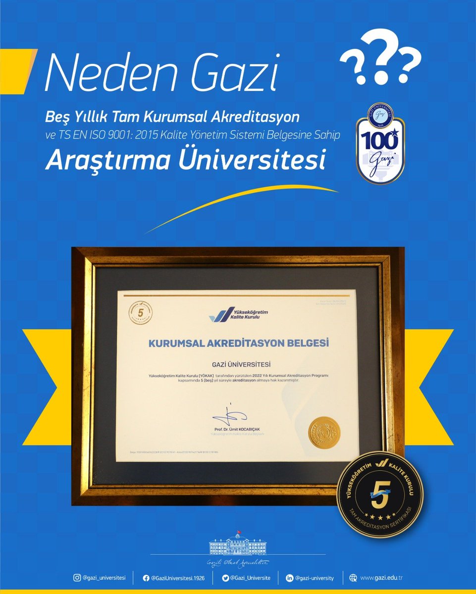 Gazi_Universite's tweet photo. 🔵 Neden Gazi?

Üniversitemiz köklü, nitelikli ve kaliteli bir yükseköğretim kurumudur. Üniversitemiz Yükseköğretim Kalite Kurulu’ndan (YÖKAK) 5 yıl süreyle kurumsal tam akreditasyon almaya hak kazanan bir araştırma üniversitesidir. 

#GaziÜniversitesi 
#TercihimGazi https://t.co/e1HJcLckce