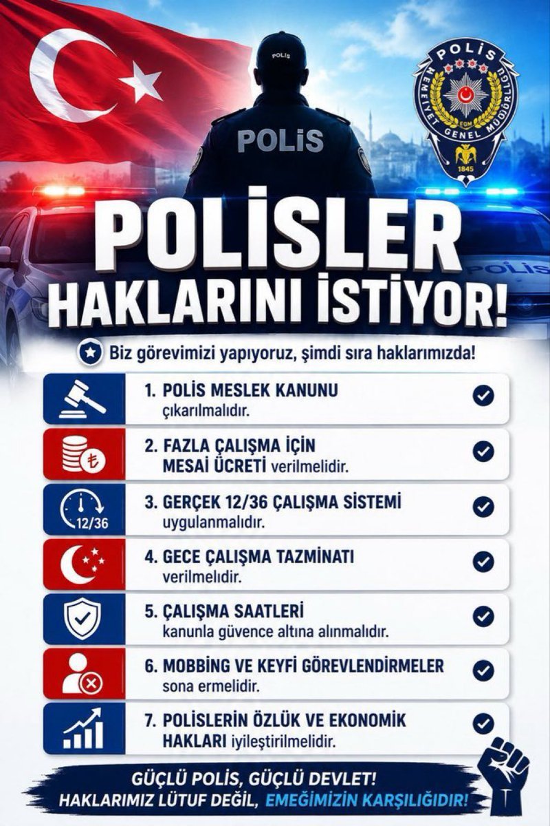 Yhsgihtholsun's tweet photo. 1.  12/36 dört gruplu sistem hızla uygulansın.
2.  12 saat çalışma + 36 saat dinlenme standart olsun.
3.  Personel planlaması 1 Eylül’e kadar tamamlansın.
4.  Sahte 12/24 uygulamaları bitsin.
5.  Dinlenme ve verimlilik artsın.  #PoliseAdilMaaş https://t.co/Ig5K42TlZu
