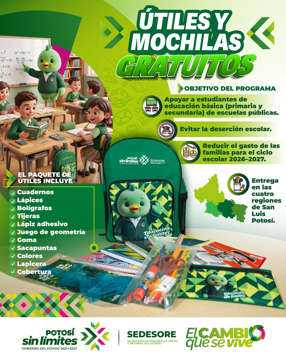 GobEdoSLP's tweet photo. 📚🎒 En San Luis Potosí, volver a clases será más fácil: estudiantes de primaria y secundaria de escuelas públicas recibirán útiles y mochilas gratuitas para una educación sin límites. #RicardoGallardo #PotosíSinLímites #SanLuisPotosí #ElCambioQueSeVive #Educación @RGC_Mx https://t.co/TcSxaHdYrU