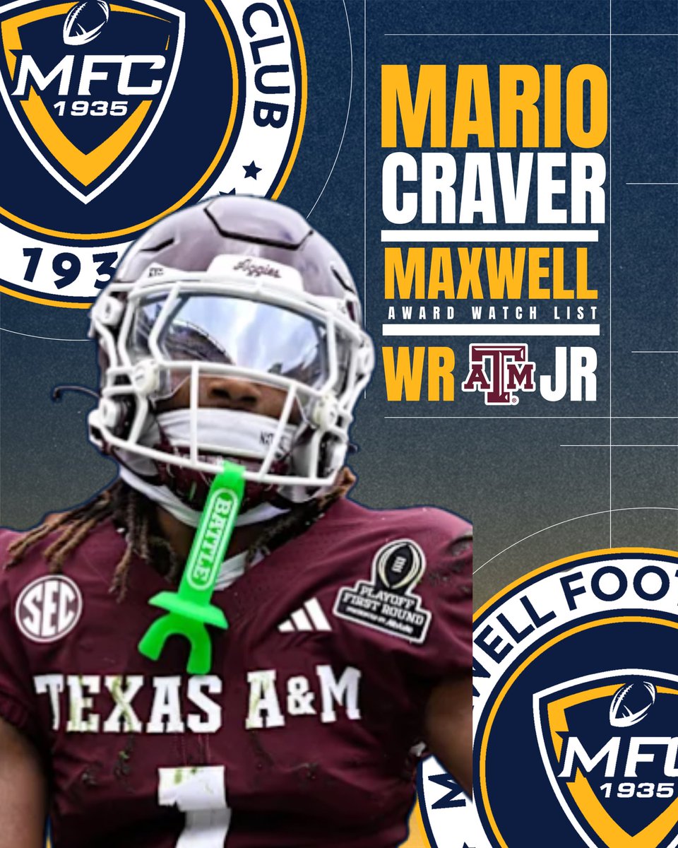 MaxwellFootball's tweet photo. Congratulations to @craverrr7 from @AggieFootball on being named to the legendary Maxwell Award Watch List!

#MaxwellAward #MaxwellWatchList #CollegeFootball #CFB #CFBNews #NCAAFootball #Playmaker https://t.co/BkjE8Xsj9L