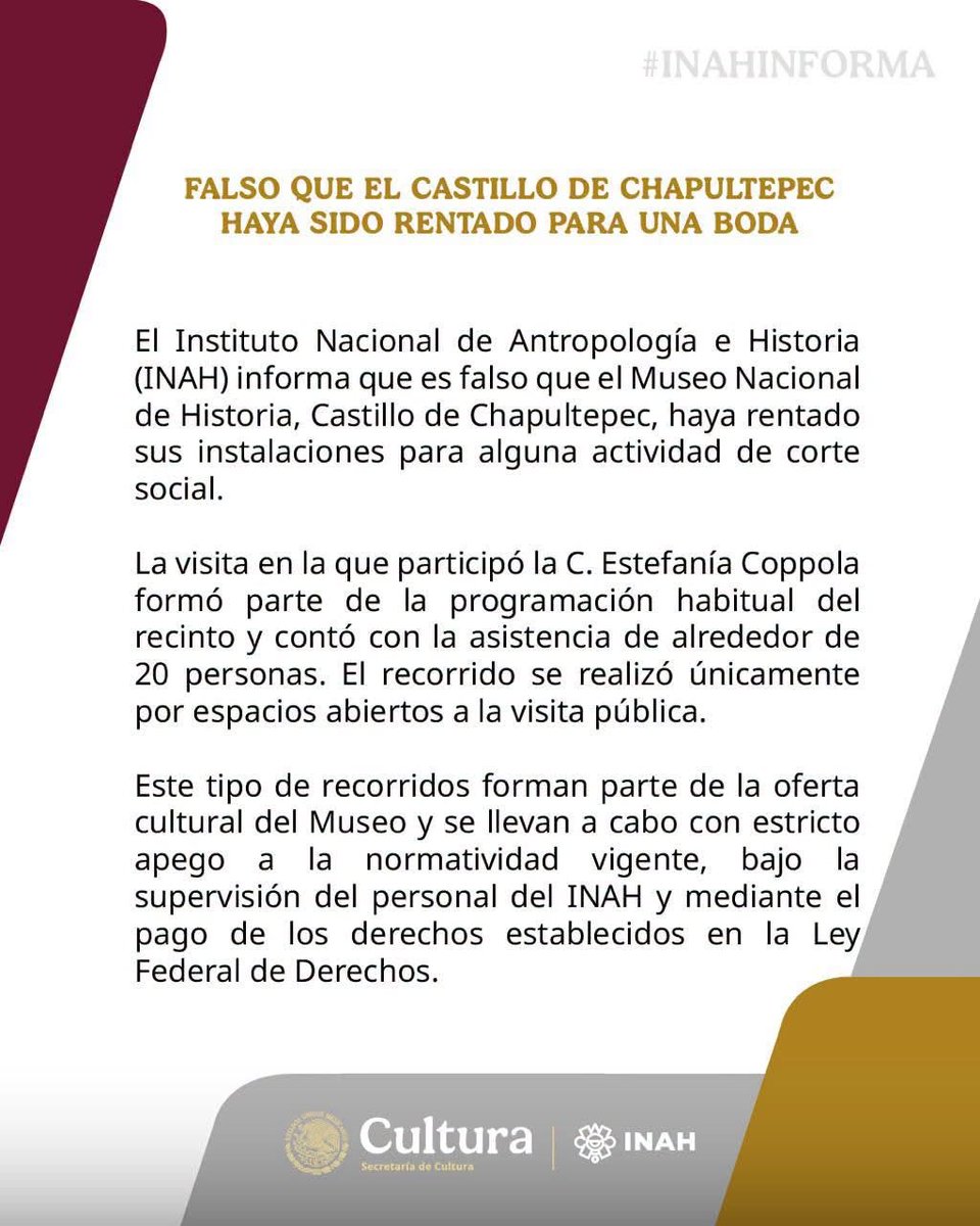 azucenau's tweet photo. 🚨Tras la polémica por un video de la influencer Estefanía Coppola, el INAH desmintió la renta del Castillo de Chapultepec para bodas u eventos sociales.

La institución aclaró que no realiza este tipo de contratos. https://t.co/Ylkd1YD78s