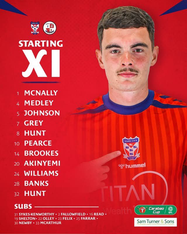 FC7897's tweet photo. And here are your lineups in the final match of the preliminary round in the League Cup as #YorkCity and #CrawleyTown look to join #Rochdale in round one #YORCRW https://t.co/K7KeCAUQwp