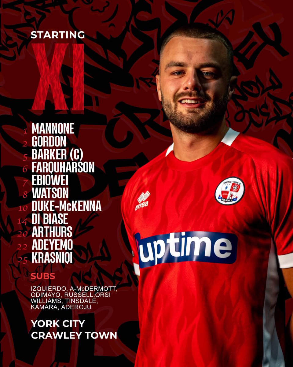 FC7897's tweet photo. And here are your lineups in the final match of the preliminary round in the League Cup as #YorkCity and #CrawleyTown look to join #Rochdale in round one #YORCRW https://t.co/K7KeCAUQwp