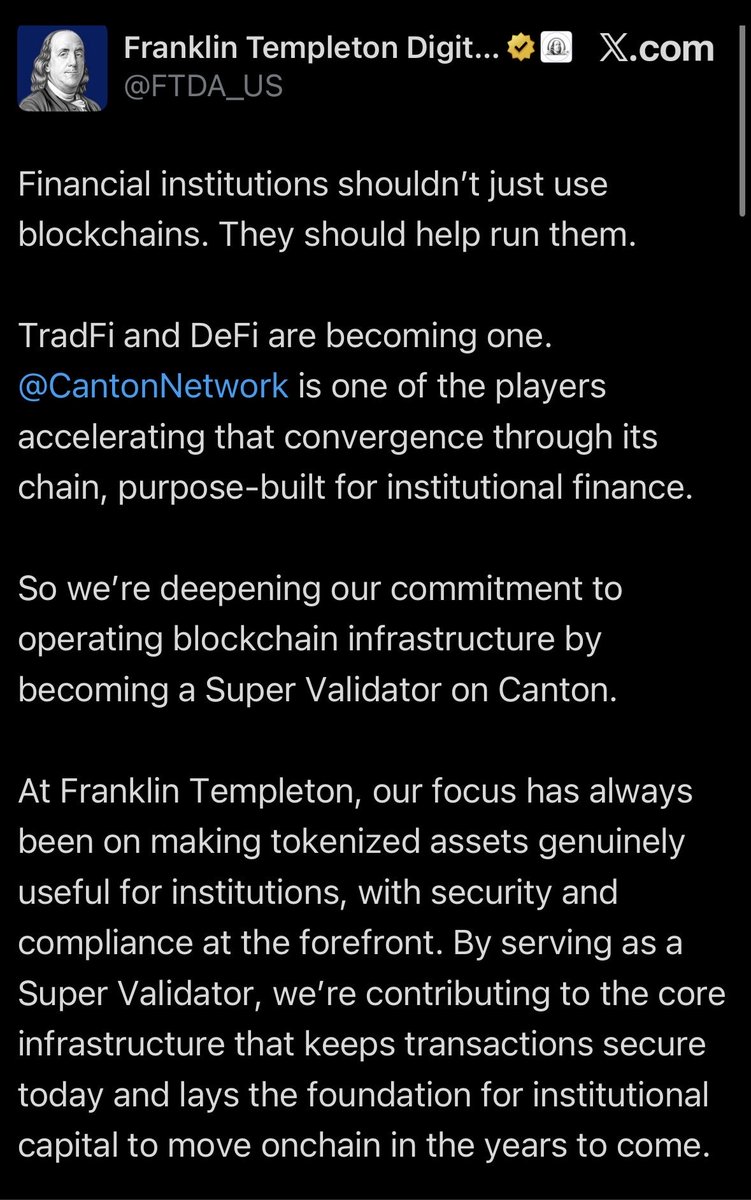 Moonchaser2020's tweet photo. For those following XRPL ripple:native, Canton $CC, Quant ethereum:0x4a220e6096b25eadb88358cb44068a3248254675, Solana solana:So11111111111111111111111111111111111111112 or institutional tokenisation, today’s announcements across multiple blockchains matter because they validate a broader trend:

Major financial institutions and central banks are increasingly treating blockchain as infrastructure rather than speculation.

Many of these institutions are blockchain agnostic, reflecting the view that the future will be built on multiple interoperable blockchains rather than a single winner.

Yes, crypto markets are down today, but I’m as bullish as ever on the long-term future of DLT. 

The financial rails are being built on-chain and they’ll be multichain✨

#DYOR