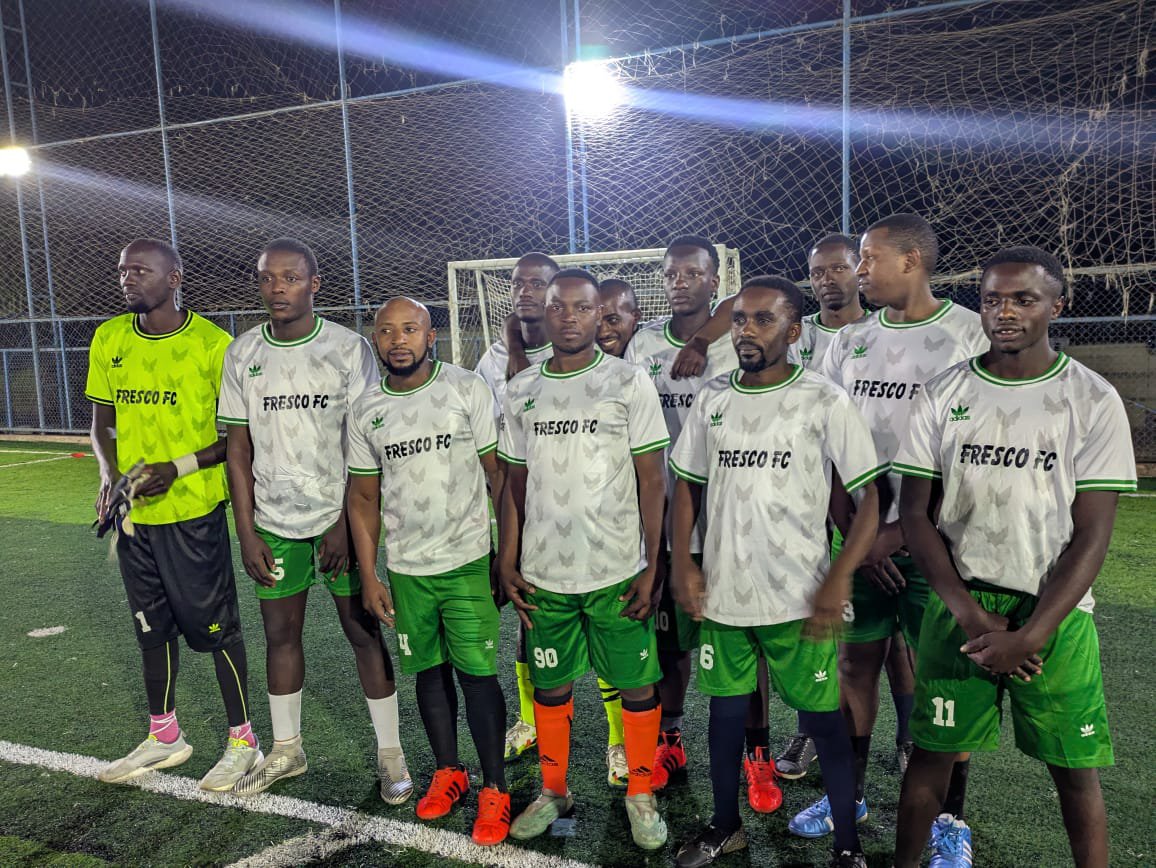 Amosiasa's tweet photo. Fresco Supermarket clobbered Rehoboth 6-3 in a friendly at Mbarara Sports Arena! 
⚽ Felix Junior with the opener, Emiric &amp; Saka adding more. 
Goal: promoting friendship among staff. Form check: 7-1 wins over Western Achady, Daytoday &amp; Kirimi too. #Frescosupermarket https://t.co/l7MInH86A2