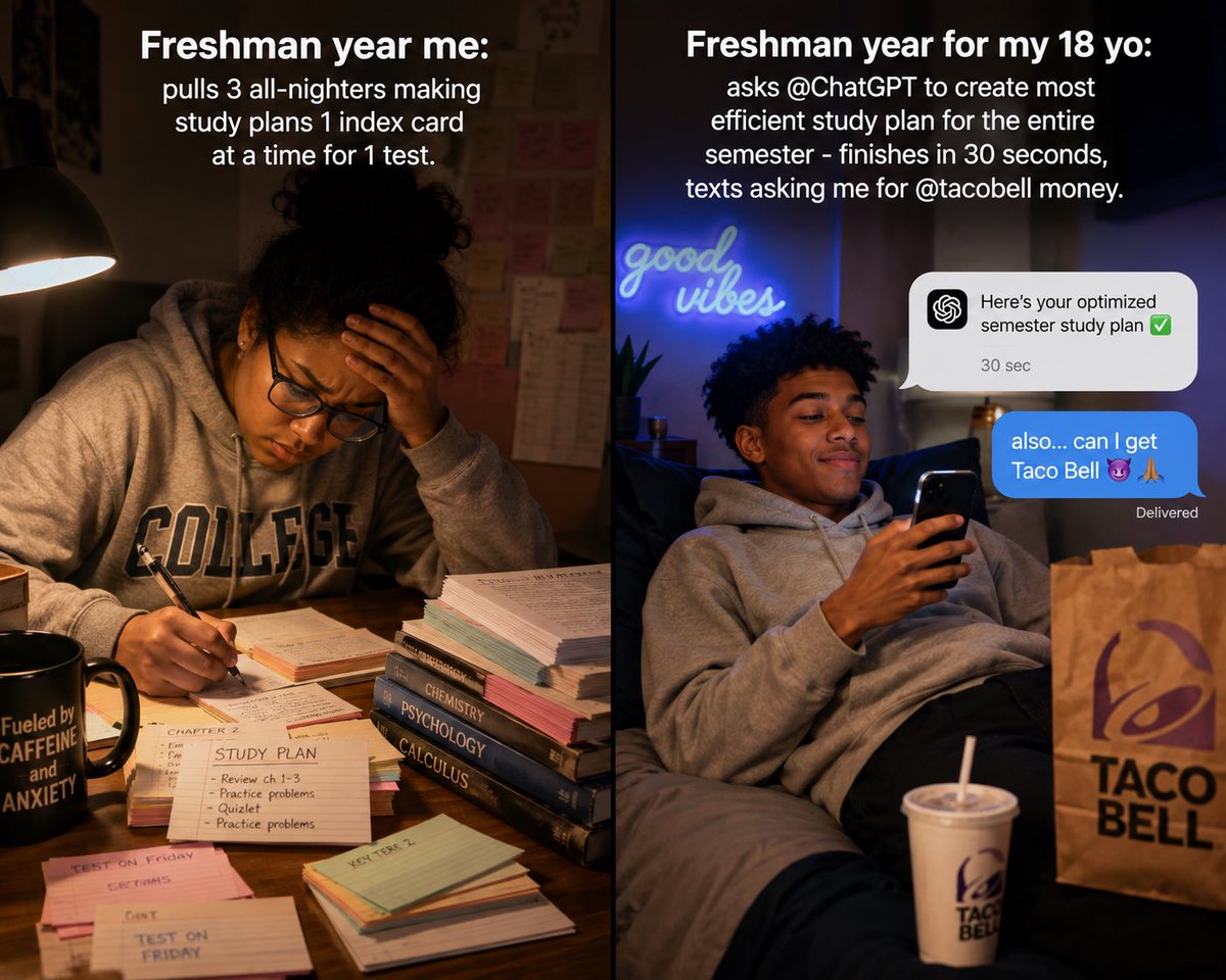 pufsladie's tweet photo. The audacity.  

Freshman year me: pulls 3 all-nighters making study plans 1 index card at a time for 1 test. 

Freshman year for my 18 yo: asks @ChatGPT to create most efficient study plan for the entire semester - finishes in 30 seconds, texts asking me for @tacobell money. https://t.co/TRVDbWKWN0
