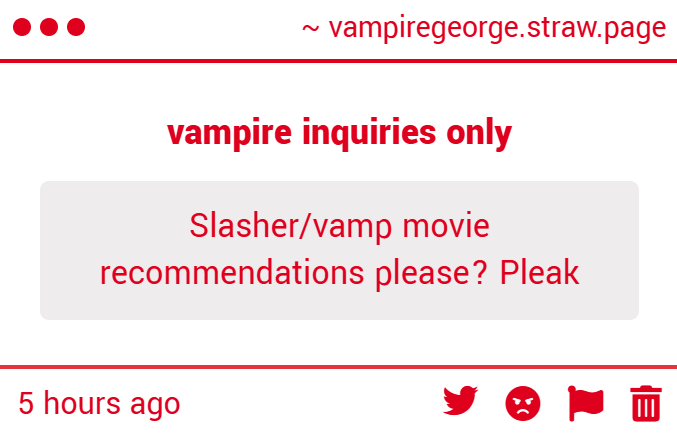 vampgeorge's tweet photo. OOOH okay i'm gonna be honest i'm a lot more familiar with vampire films than slashers but i will put recs for both below!! 

https://t.co/KgBcQFH6L4 https://t.co/YUUPhjlgEc