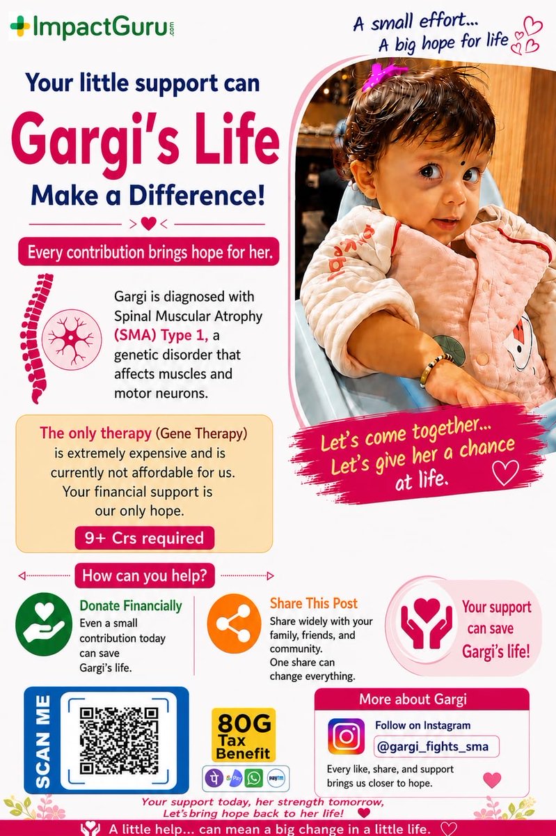 abhisanket's tweet photo. Requesting help for a friend! And NOT a scam!

Gargi, a 1 year old child from Pune is diagnosed with SMA type 1, a rare genetic condition and under treatment at Hinduja Hospital, Mumbai. She needs a treatment which involves importing a medication worth around 10 crore rupees. 
Sharing the details in attached images. Also attaching an appeal from Gargi’s parents. Please help in whatever way you can, donate or share! 
They have also started an Instagram handle to reach more people: gargi_fights_sma 

P.S. Will highly appreciate if you have any leads to NGOs, charities, kind hearted people who can help in such a case/cause. I can get them/you directly in touch with the parents.
