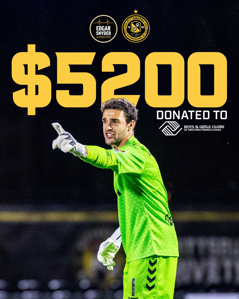 RiverhoundsSC's tweet photo. Saves for the Community update! 💛
 
We’ve officially reached 52 saves this season, meaning Edgar Snyder &amp; Associates will donate $5,200 to Boys &amp; Girls Clubs of Western Pennsylvania! 🙌
 
Stay tuned for more updates throughout the season! https://t.co/NPtgDCJyIW