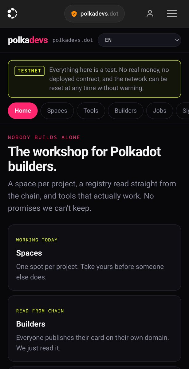 extremeonbase's tweet photo. @Polkadot @keeganquigley_ 🔨 https://t.co/nregbgw9XT

A workshop for people building here.

Builders publish their card on their own .dot domain, signed by them. We read it from the chain. We can't sell it or lose it — we never hold it.

Text records as a registry. No backend, no database, no accounts. https://t.co/L9ej6egn9k