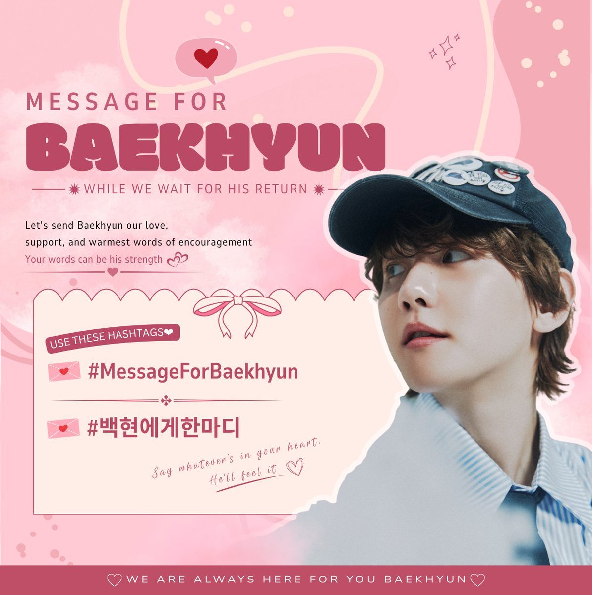 FocusonBBH's tweet photo. Enquanto atravessamos este período de hiato juntos, Baekhyun tem feito tudo o que pode para nos tranquilizar, nos confortar e nos lembrar de continuar acreditando. Agora, esperamos poder retribuir um pouco de todo esse amor que ele nos oferece.

Acreditamos, de todo o coração, que ele merece saber o quanto é amado, valorizado e apoiado.

Convidamos calorosamente todos os fãs do Baekhyun a participarem deste projeto de mensagens usando as hashtags:

#MessageForBaekhyun
#백현에게한마디

Compartilhe uma mensagem sincera, algumas palavras de incentivo ou simplesmente diga a ele o quanto ele significa para você. Você pode participar em qualquer plataforma que utilizar, seja no X (Twitter), Instagram, Bubble (onde ele tem lido as mensagens dos fãs), Weibo ou qualquer outra.

Vamos fazer nossas vozes ecoarem alto o suficiente para que todo o nosso amor chegue até ele. Cada mensagem importa e, juntas, elas podem se tornar uma fonte de força durante este momento tão difícil.

Pedimos também que ajudem a divulgar este projeto compartilhando o pôster e incentivando outras pessoas a participarem em diferentes plataformas, para que a iniciativa alcance todos os cantos da Kyoongland.

Vamos lembrar ao Baekhyun que ele nunca está sozinho e que continuaremos ao lado dele, com amor e apoio inabaláveis.

Vamos amar o Baekhyun, hoje e sempre. ❤️

Cr. bestofbyunbaek 

@B_hundred_Hyun #BAEKHYUN #백현 @BAEKHYUN_INB100 @_baekhyun_JP
