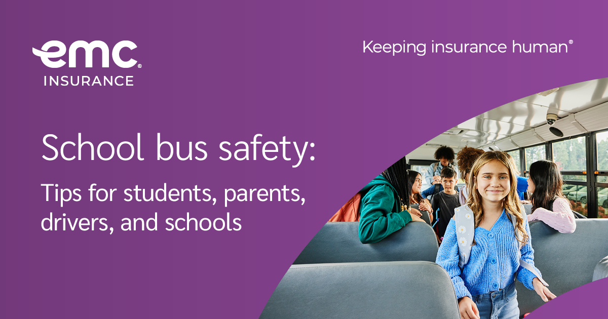 EMCInsurance's tweet photo. Back-to-School Safety Month is here! While school buses are built with safety in mind, it's up to everyone—kids and parents alike—to help keep the journey safe. Make sure you're up to date on these school bus safety tips: https://t.co/Jgsb4TYlJf #KeepingInsuranceHuman https://t.co/Dyo8YxWolu