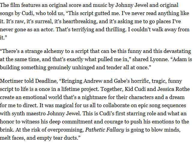 avinger_jr's tweet photo. Oh, it's about to be seriousπ±π€―π₯
Pathetic Fallacy will be first @KiDCuDi lead role!! which, Jessica Roth, Travis Fimmel, and Natasha Lyonne!
I think it will be some original songs between Cudi and Johnny Jewel!
It will be banger creative team for the production!
#MADSOLAR https://t.co/2YpEEZnGlT