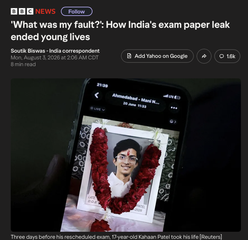 RedPillRabbit's tweet photo. They are trying to make you feel bad for CHEATING INDIANS. THEY CHEAT ON EVERYTHING -- EVEN MEDICAL ENTRANCE EXAMS.

If they could PASS THE TEST without CHEATING they wouldn't have done this to themselves. 

"Kahaan was one of at least 21 students who died by suicide allegedly upset after this year's National Eligibility cum Entrance Test (NEET) was cancelled because of a question paper leak, forcing nearly two million candidates to take the examination again."