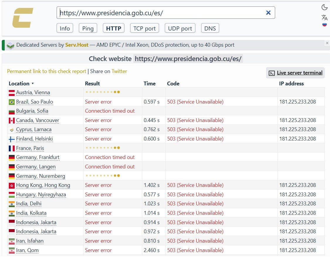 cheo070777's tweet photo. En Apoyo al Pueblo Cubano Hemos Derribado La Web Principal De La Presidencia De Cuba! Tango Down
https://t.co/IXThJUav6i
#TargetClosed
#BlackHexBrotherHood https://t.co/zYalc1AhX5