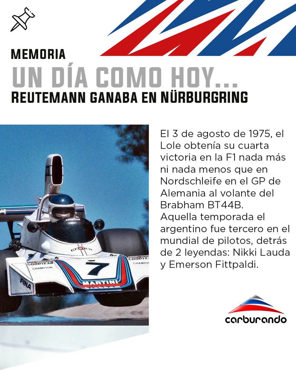 CarburandoTV's tweet photo. 🇦🇷🔙Un día como hoy, pero de 1975, Carlos Reutemann obtenía su cuarta victoria en la F1 en uno de los escenarios más imponentes posibles, el GP de Alemania en Nurburgring. https://t.co/oCtASgzSXX