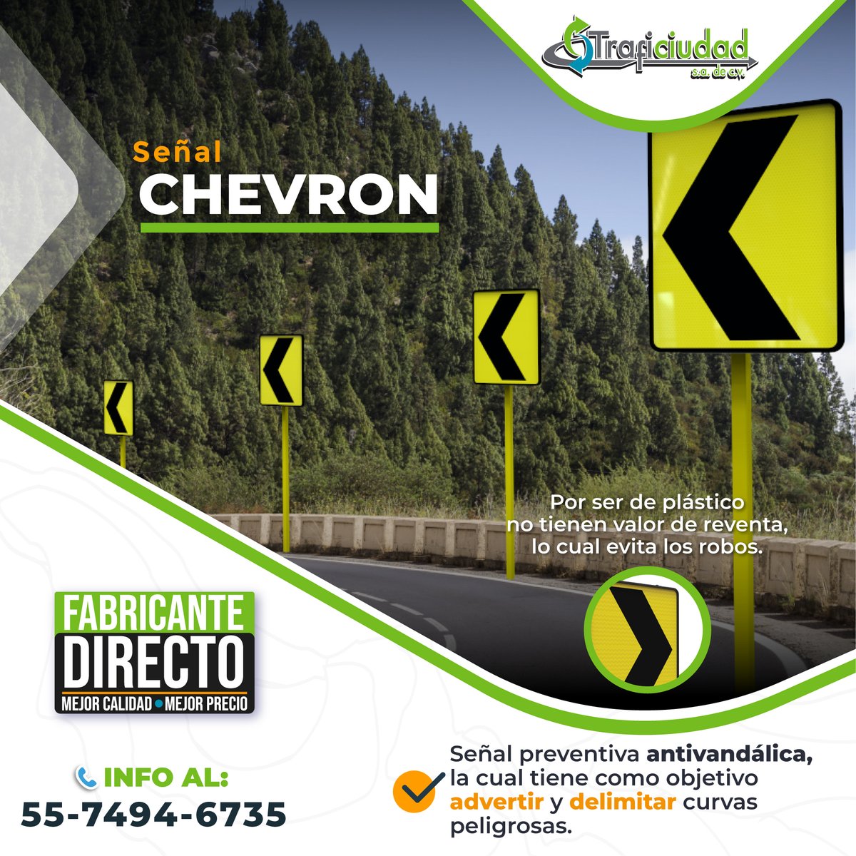traficiudad's tweet photo. La Señal Chevron guía al conductor en curvas peligrosas con reflejante prismático de alta resistencia. Es ligera, reciclable y fácil de instalar, lo que asegura durabilidad y protección en proyectos de señalización. #chevron #sustentable #Resistente #EdoDeMEx #SCT #Señal https://t.co/VSsa8wnOGb