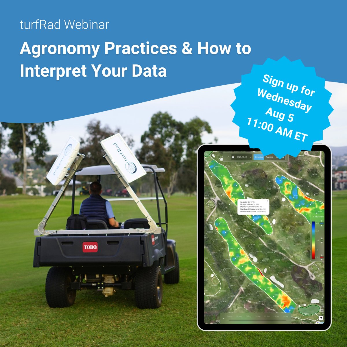 TerraRadTech's tweet photo. Just two days to go! Join us this Wednesday - we'll explore how agronomic factors such as grass type, height of cut, soil type, and irrigation practices influence the moisture patterns you see, and how understanding these factors can help you better interpret your turfRad data.
📅 August 5 | 11:00 AM ET
Register here: https://t.co/9H1VPWoR9z