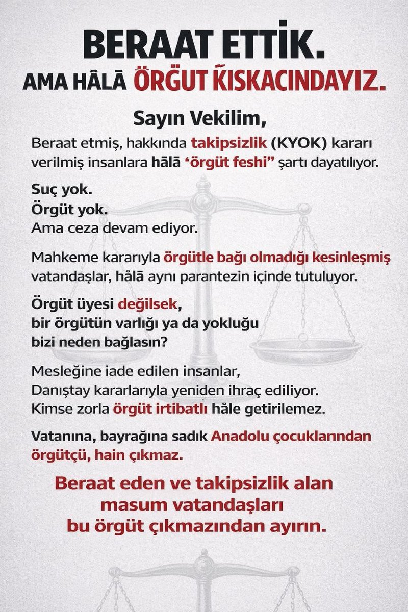 mjgan591073's tweet photo. @AbdullahAdabas Hak ve Adalet Odaklı olunuz lütfen ❤️‍🩹
Somut hiçbir delil, hukuki hiçbir gerekçe olmadan binlerce insanın ekmeğiyle oynandı. "Garson" denilen gizli tanıkların soyut iddialarıyla hayatlar karartılamaz. Adalet eninde sonunda herkese lazım olacak.
#KHKlılardanmecliseçağrı 🇹🇷 https://t.co/AZ693Nkf5P