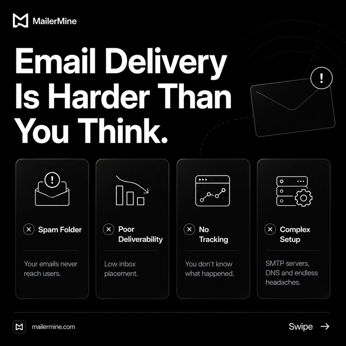 mailermine's tweet photo. Your app deserves better than unreliable email delivery. Meet MailerMine.
☁️ AWS-powered infrastructure
📊 Real-time tracking
🔗 Webhooks
📄 Email templates
🎉 3,000 FREE emails/monthFocus on building.
We'll handle the email. 
https://t.co/wN3ZZR5l78 

#BuildInPublic #EmailAPI https://t.co/880P1c7Maj