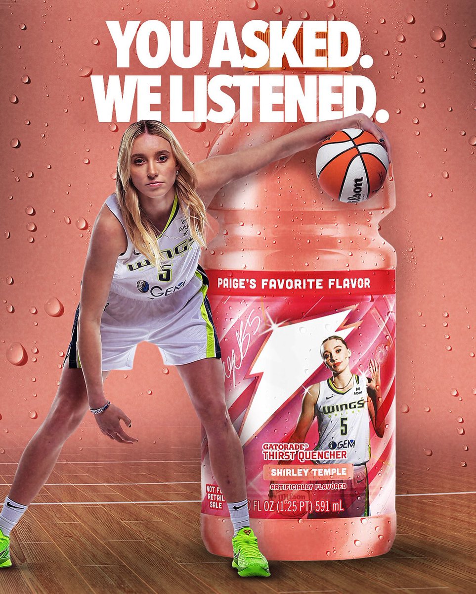 SoleRetriever's tweet photo. DRINKS UP: Gatorade is reviving Paige Bueckers’ Shirley Temple flavor with an exclusive PE set 🍹🪣 

Paige’s first capsule includes a Shirley Temple Gatorade bottle, co-branded Nike shirt, and a towel ($65). 

The second drop includes the bottle &amp; towel ($20).

🗓️ August 6th https://t.co/Ugoex4aoCu