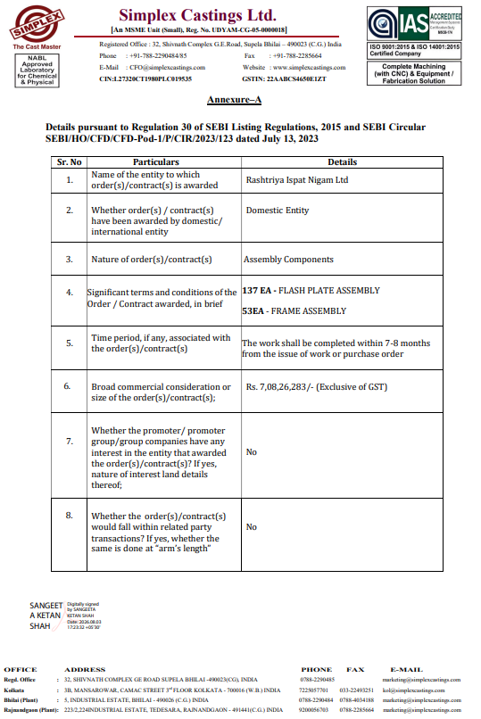 alkeshthakkar's tweet photo. DATED : 03/08/2026
#SIMPLEXCAS - 97.90
we would like to inform you that Simplex Castings Limited has received an order worth Rs. 7,08,26,283/- (Exclusive of GST) from Rashtriya Ispat Nigam Ltd. https://t.co/9mLfhNirdE