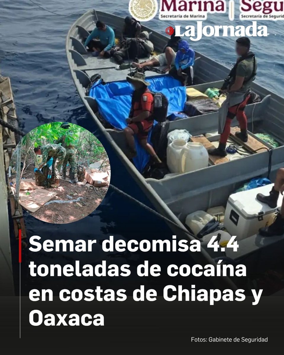 lajornadaonline's tweet photo. 📌 🟠 La Secretaría de Marina Armada de México decomisó 4.4 toneladas de cocaína en tres embarcaciones frente a las costas de Chiapas y Oaxaca, en un operativo en el que también fueron detenidas 16 personas presuntamente relacionadas con el cargamento asegurado, informó el Gabinete de Seguridad federal.

El secretario de Seguridad y Protección Ciudadana, Omar García Harfuch, señaló que con esta acción se evitó que millones de dosis llegaran a las calles.

Lee más aquí 👇
https://t.co/k8pIYKVZU8