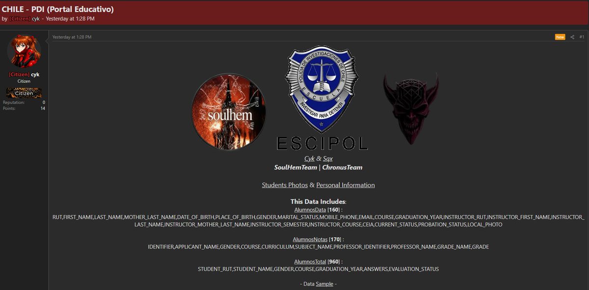 chum1ng0's tweet photo. 🔴🇨🇱Los actores maliciosos Cyk & Sqx, pertenecientes a los grupos SoulHemTeam y ChronusTeam, afirman poseer 252 MB de datos extraídos del portal educativo de la PDI (ESCIPOL). @PDI_CHILE 

🔴Fotos de estudiantes e información personal

Los datos corresponden a información personal de estudiantes (RUT, nombres completos, género, curso, año de graduación, respuestas y estado de evaluación).

#ciberseguridad #Chile #dataleak #cibercrimen