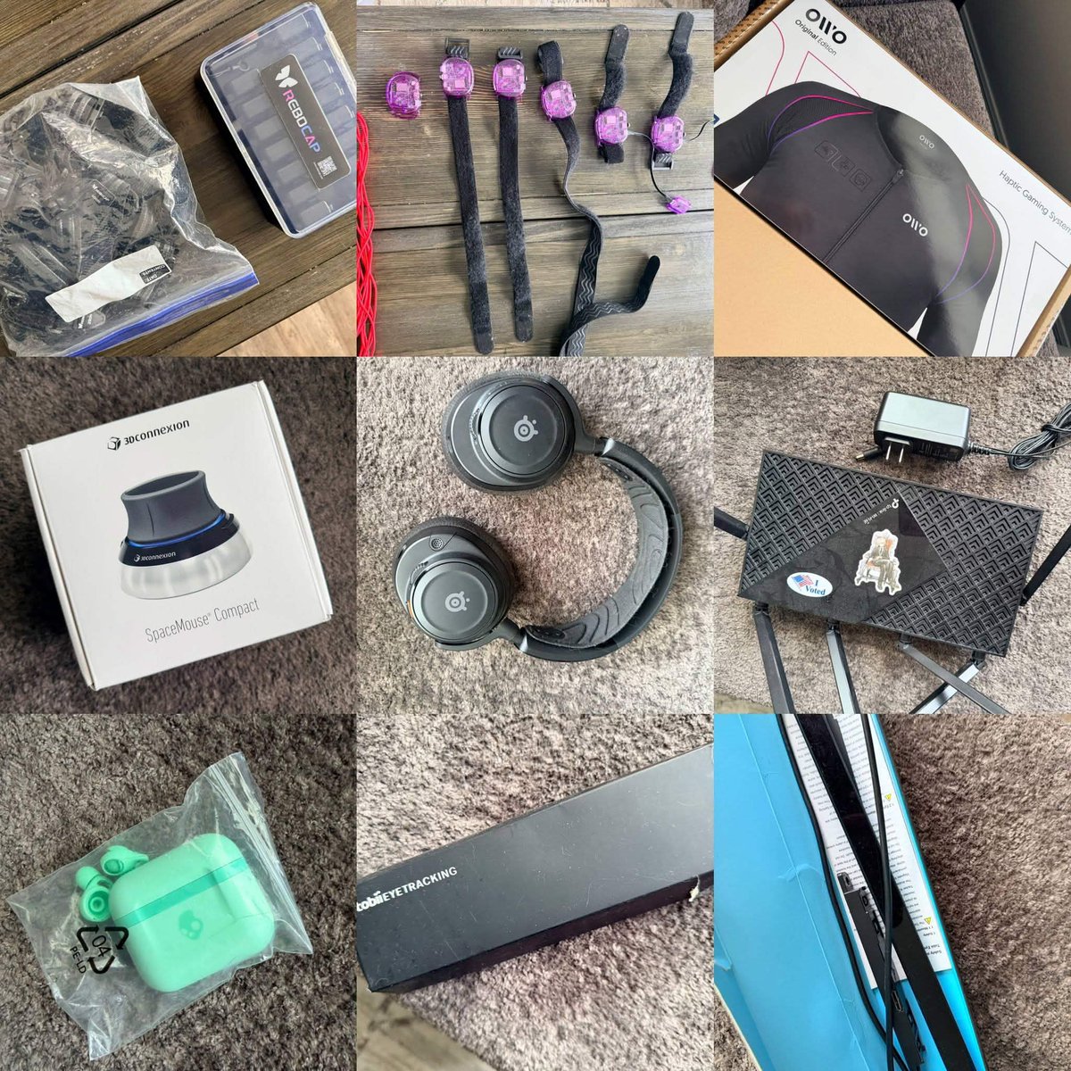 RitualNeo's tweet photo. hey guys, Azo and I are selling some things post-move.

Here's what I got:
the deluxe set of crowd supply slime trackers (10+6)
a working vive pro eye + lip tracker

a bhaptics suit and an owo suit

a void rgb headset

a 3d magic mouse

a tobii eye tracker

TP-Link AXE5400 https://t.co/Lmhax5s7Cv