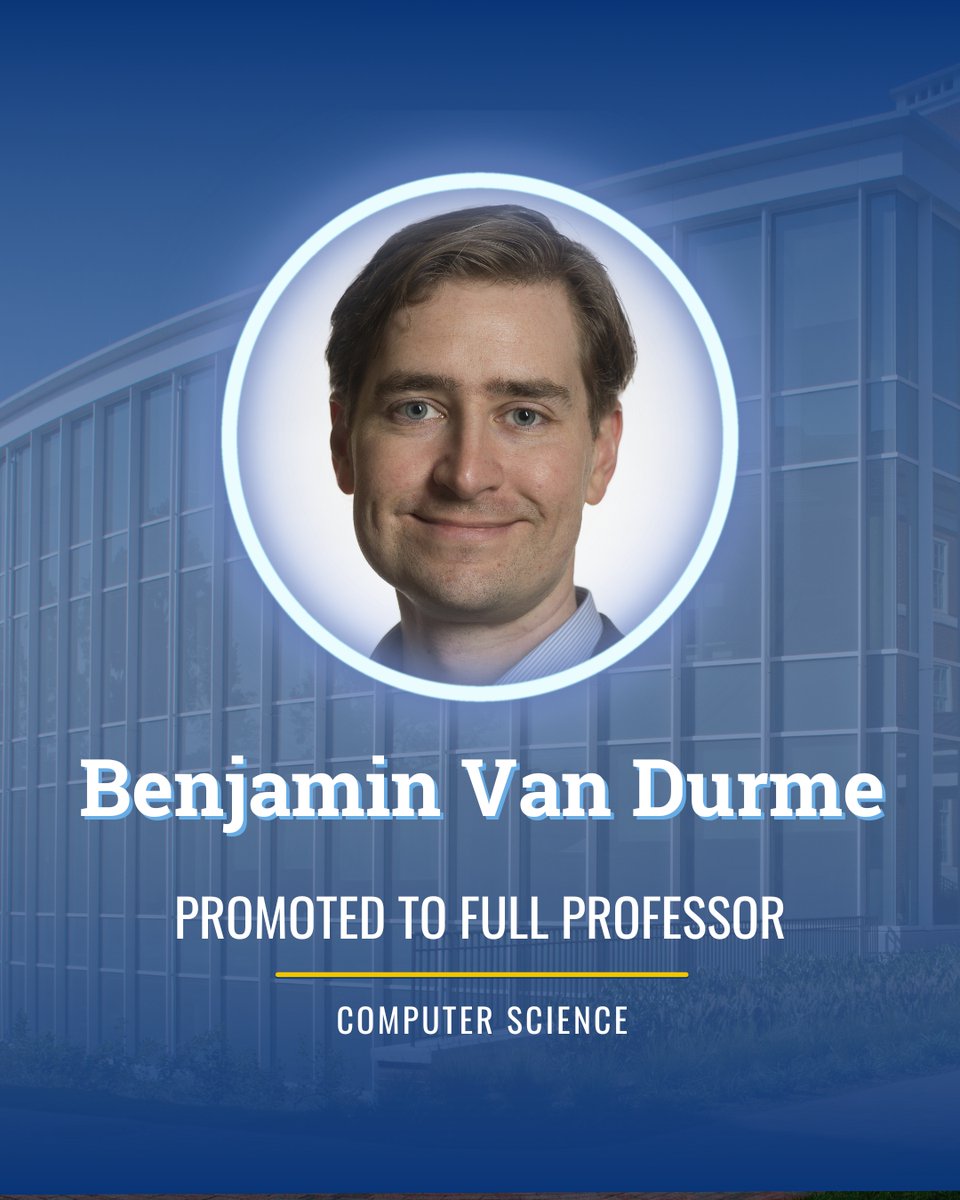 JHUCompSci's tweet photo. Congratulations to @ben_vandurme on his promotion to full professor! His research focuses on helping people work w/ large amounts of info—understanding what info is present in docs &amp; images, helping people find that info, &amp; being able to help answer questions about that content. https://t.co/b9FQupoclI