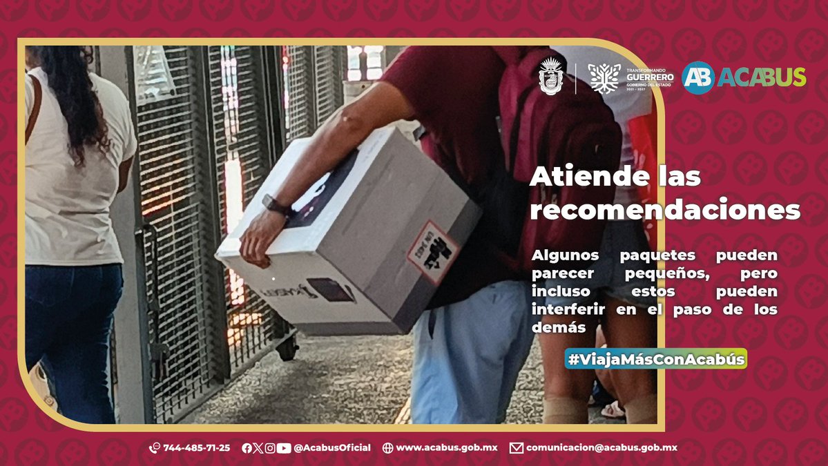 acabusoficial's tweet photo. Para mantener los pasillos despejados y facilitar el flujo de pasajeros, se instruye evitar el ingreso a las instalaciones y unidades con objetos de gran tamaño. 📦🚫 #ViajaMásConAcabús 🚌 https://t.co/zhlPSYuOCg