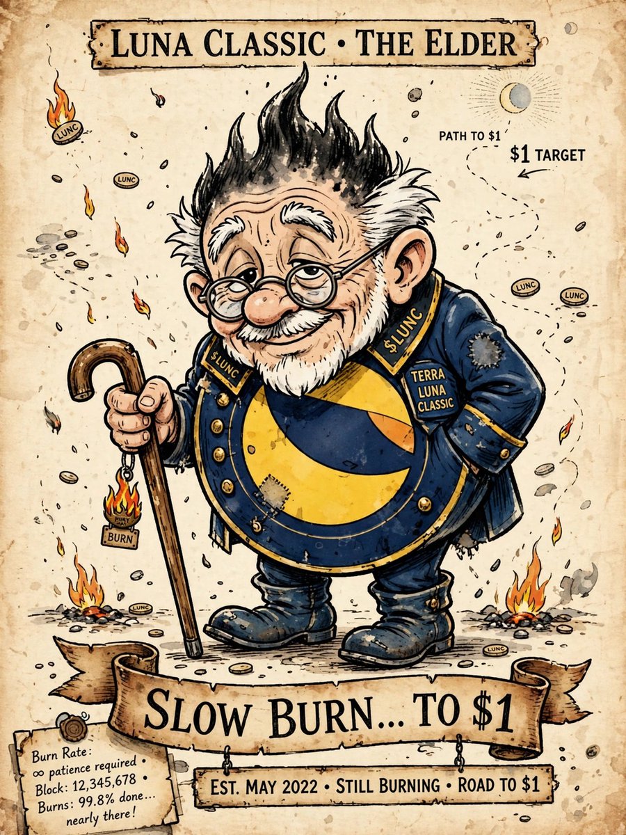 Thefrgcoin's tweet photo. How long to burn LUNC to $1? 🧵

Supply: 6.45T
Price: $0.00004977
Mcap: ~$275M

To get $1 at same mcap, need 275M supply
→ Must burn 6.452T LUNC

At TODAY'S 88.7M/day (1.5% tax):
72,754 days = 199 YEARS 💀

If 1.5% 3x's to 266M/day:
66 YEARS

Even burning 50% (3.2T):
Price = $0.000085, not $1

$1 needs $6.4 TRILLION mcap at current supply.

Burns help. $1 needs mcap + burns + time.

#LUNC #LunaClassic #LUNCBurn