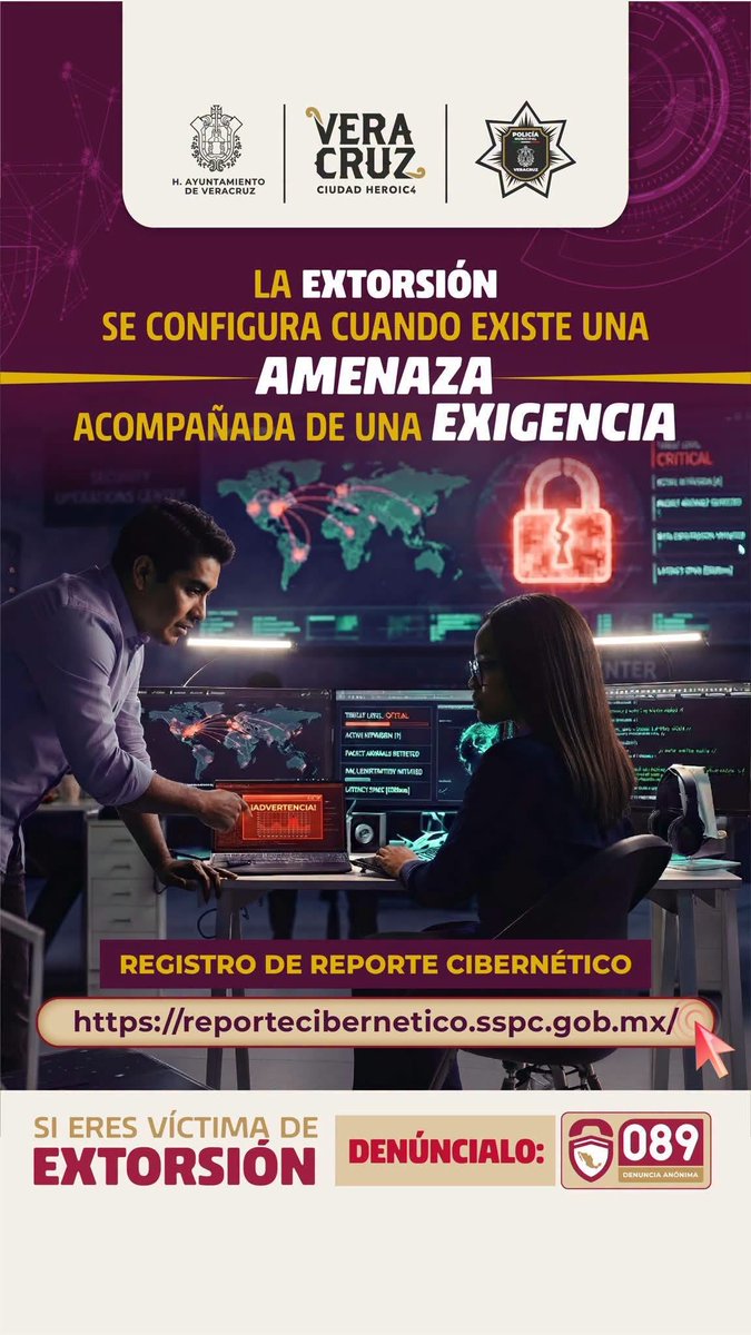 AyuntamientoVer's tweet photo. ¿Fuiste víctima o detectaste un intento de extorsión por medios digitales? 💻⚠️

No lo dejes pasar. Ingresa al Registro de Reporte Cibernético del Gobierno de México y comparte la información del caso de forma segura y oportuna para contribuir a su atención y seguimiento. 

(1/2) https://t.co/lQqs4mjiee