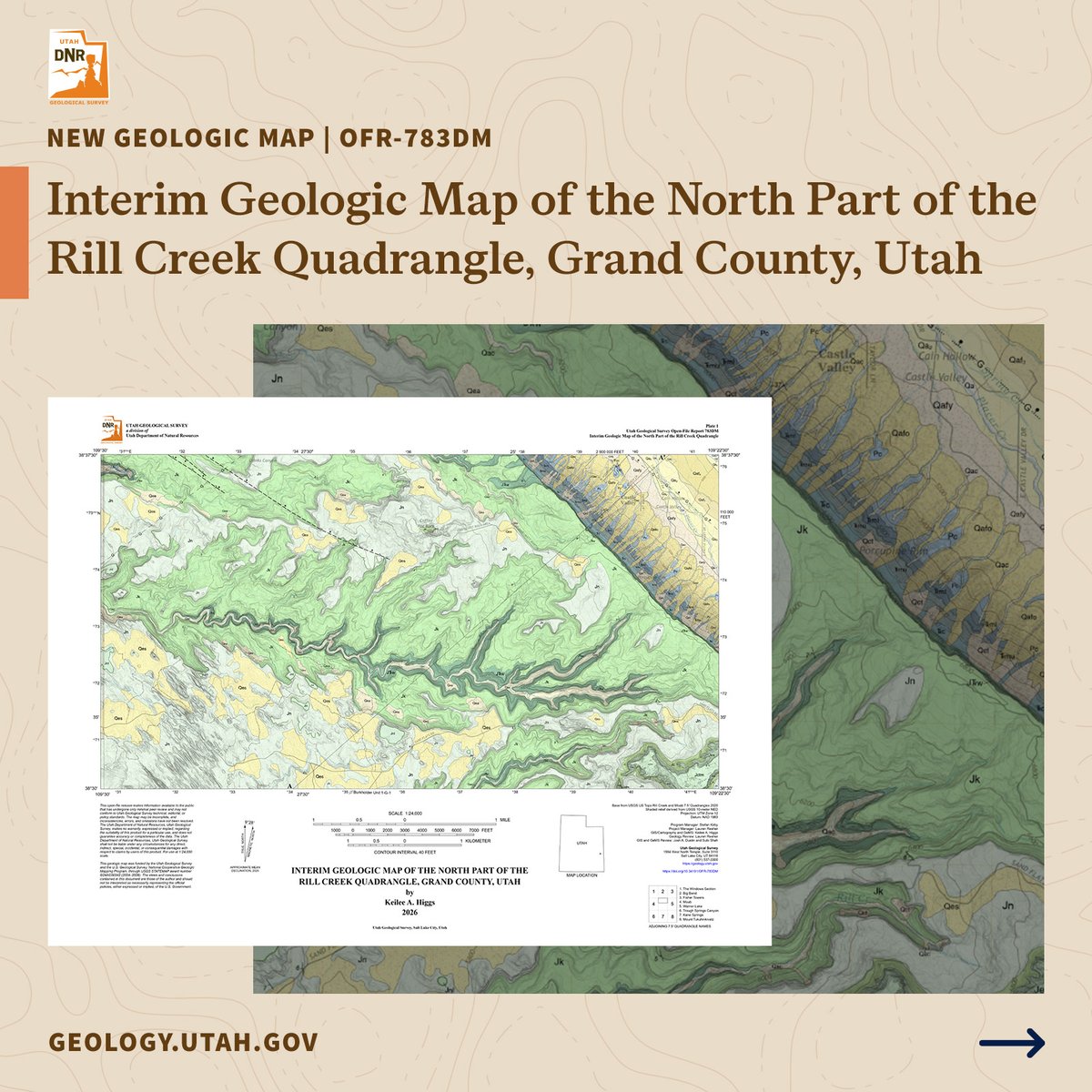 utahgeological's tweet photo. New Geologic Map: Interim Geologic Map of the North Part of the Rill Creek Quadrangle, Grand County, Utah: Utah Geological, by Keilee A. Higgs, 7 p., 2 plates, scale 1:24,000, OFR-783DM. See publication details at: https://t.co/iG3ahSZdvy
#utahgeology https://t.co/vB9GXUgvZ7