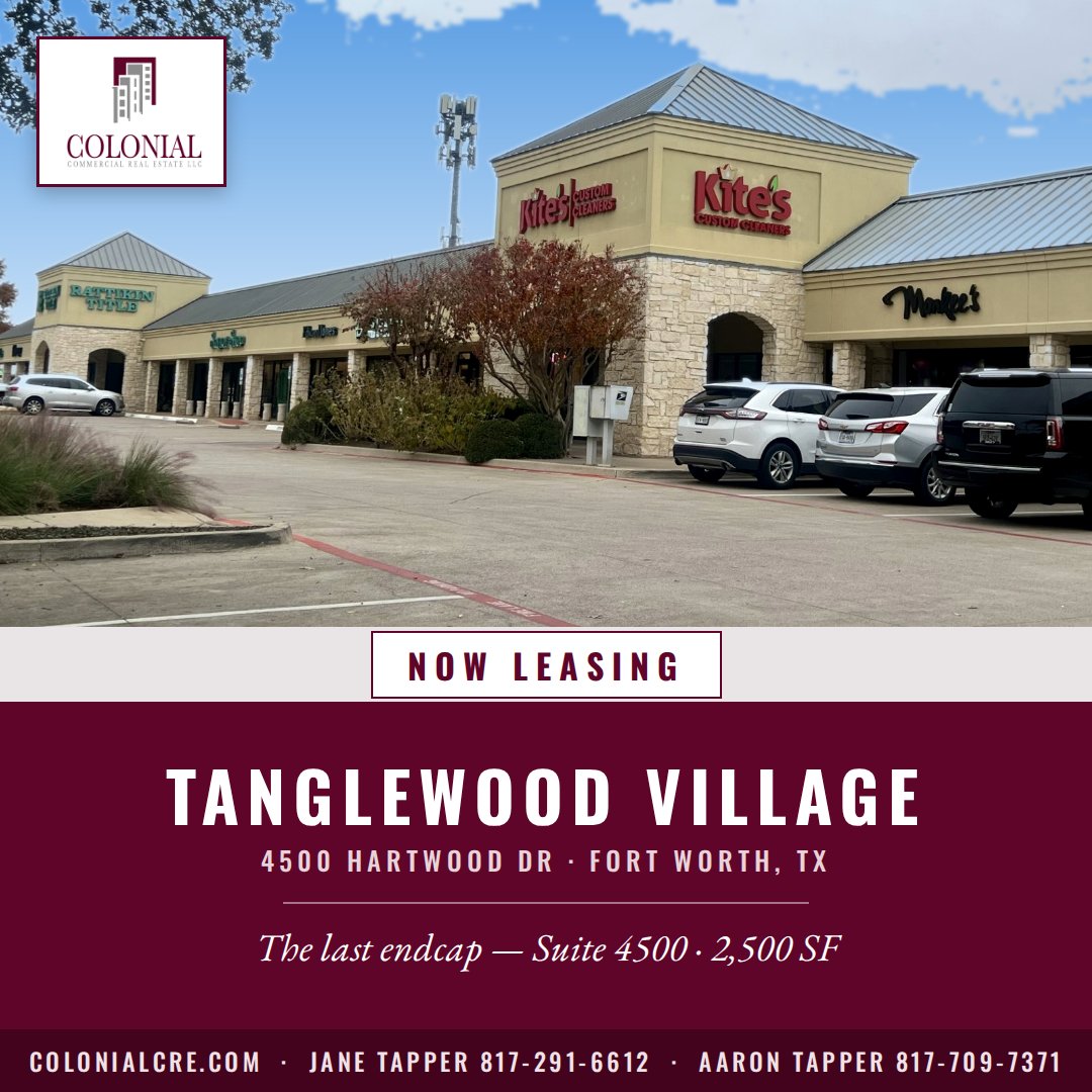 ColonialCRE_'s tweet photo. The last endcap in Tanglewood: 2,500 SF at Tanglewood Village, Fort Worth. $152K avg HHI within 1 mile, 49K+ VPD, minutes from TCU &amp; Clearfork. Call Jane Tapper 817-291-6612. #NowLeasing #FortWorth #CRE 
https://t.co/AkfwB1VO40 https://t.co/LcIKCMwKCP