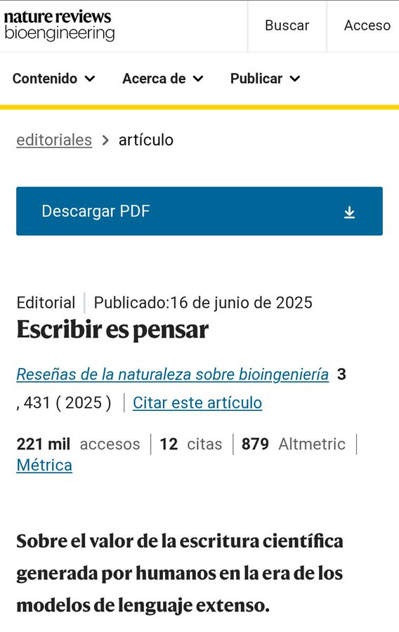 virginiog's tweet photo. En la era de la IA, este artículo de Nature recuerda algo clave     

Escribir es la forma más sofisticada de pensar te permite descubrir y construir  ideas 

No es solo registrar ideas: es obligarte a ordenarlas, descubrir contradicciones y generar nuevas  https://t.co/ypq8rOuUEW