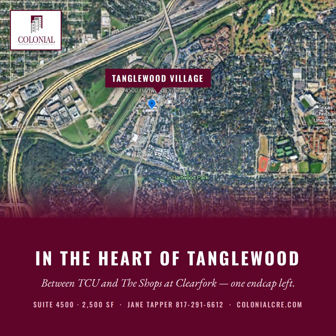 ColonialCRE_'s tweet photo. The last endcap in Tanglewood: 2,500 SF at Tanglewood Village, Fort Worth. $152K avg HHI within 1 mile, 49K+ VPD, minutes from TCU &amp; Clearfork. Call Jane Tapper 817-291-6612. #NowLeasing #FortWorth #CRE 
https://t.co/AkfwB1VO40 https://t.co/LcIKCMwKCP