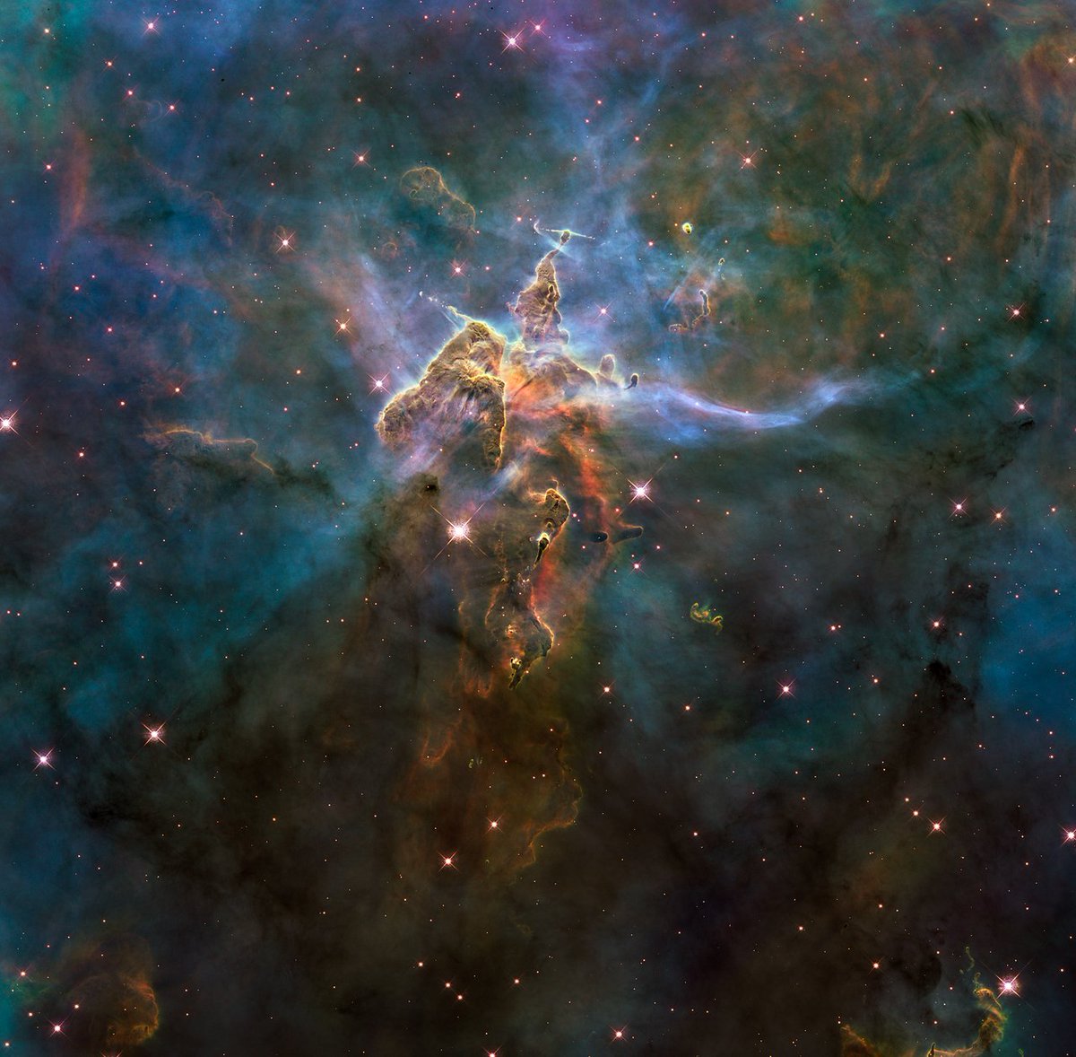 universal_sci's tweet photo. A breathtaking glimpse of "Mystic Mountain," a region within the Carina Nebula.

(Credit: NASA, ESA and M. Livio and the Hubble 20th Anniversary Team/STScI) https://t.co/fP02CaVgHL