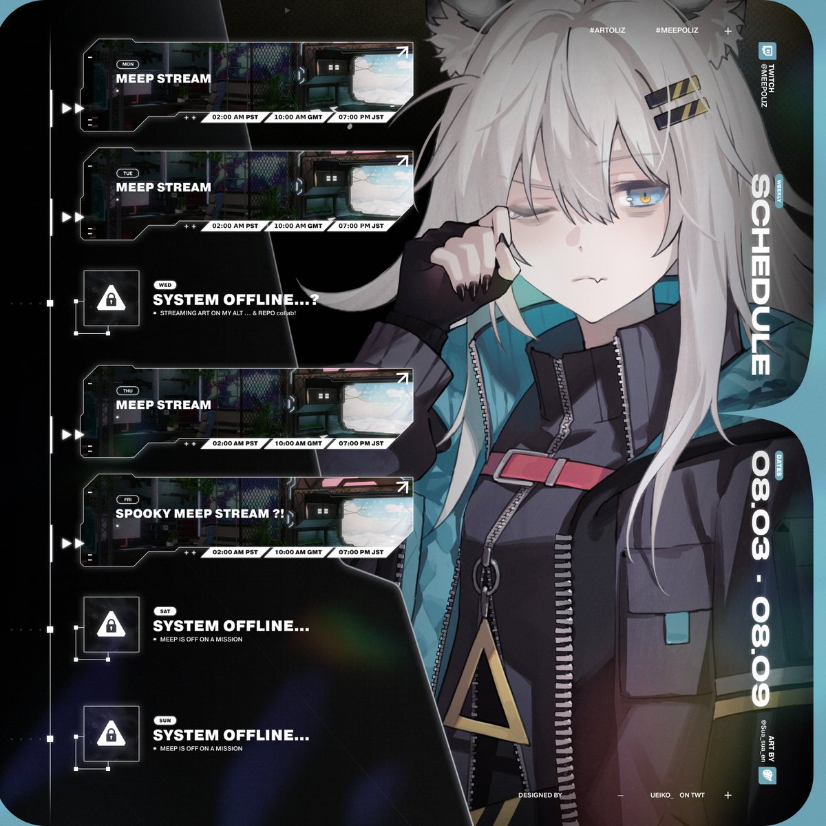 MEEPOliz's tweet photo. 〔 M.E.E.P  SCHEDULE 〕

Aug 3rd - Aug 9th  ⚠︎  Times in PST | GMT | JST

❯❯❯  More Palworld
❯❯❯  More Elden ring 
❯❯❯  Some Indie games
❯❯❯  REPO &amp; Panicore https://t.co/KyExjrXclo