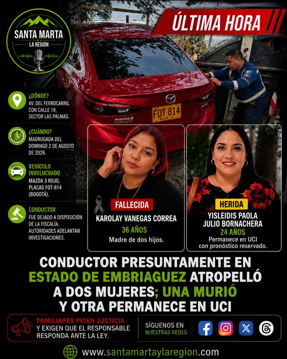 STAMARTAYLAREGI's tweet photo. 🚨 Reencuentro entre amigas terminó en tragedia en #SantaMarta. Karolay Vanegas Correa falleció tras el accidente en la Av. del Ferrocarril. Su mejor amiga, Yisleidis Paola Julio Bornachera.

🎥 Mira el video y lee la noticia completa en: 🌐 https://t.co/sld6PVrQtk https://t.co/YMeW7meWAq