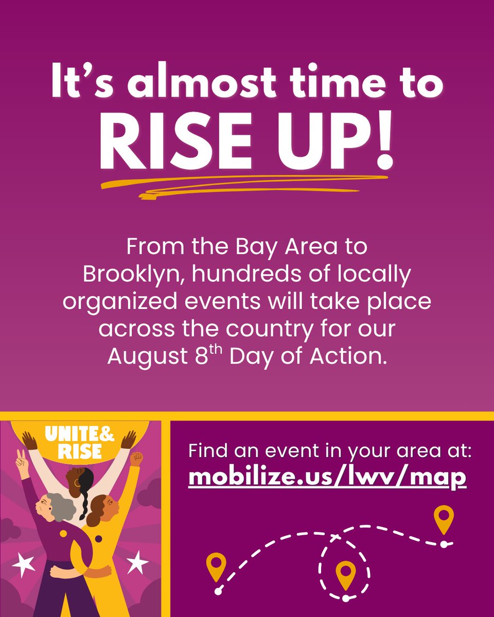 LWV's tweet photo. Democracy works best when we show up together! This SATURDAY, join us for Unite &amp; Rise for Voting Rights, a nationwide day of action honoring the anniversary of the VRA.

Find an event near you: https://t.co/efpRM3GiMD https://t.co/dGrWO7MnDo