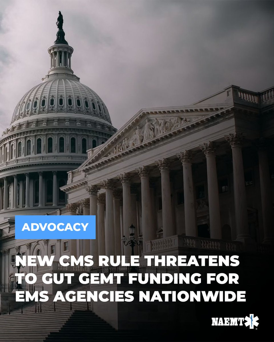 NAEMT_'s tweet photo. CMS wants to cap GEMT payments at Medicare rates. For rural and public EMS agencies, that's not sustainable. NAEMT joined 17 orgs opposing this rule — because underfunding EMS isn't a policy fix, it's a public safety risk. 🔗 https://t.co/4S8cUGdLdB
#EMS #GEMT #NAEMT https://t.co/6dtFEProKA
