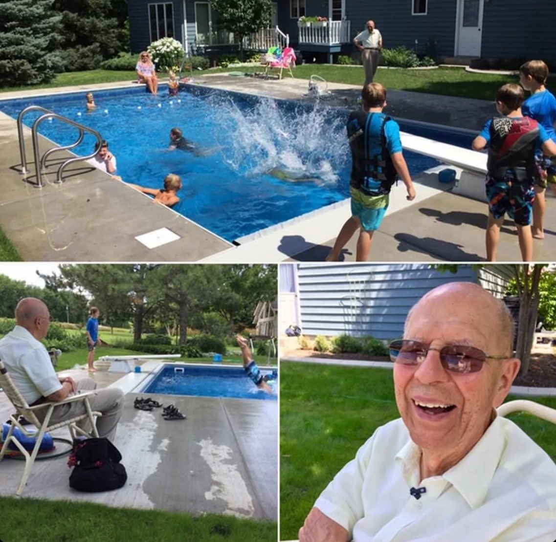 Puppieslover's tweet photo. After losing his wife of 66 years, a 94-year-old man built a pool so neighborhood kids could fill his days with joy. https://t.co/g4jy8rQhyg