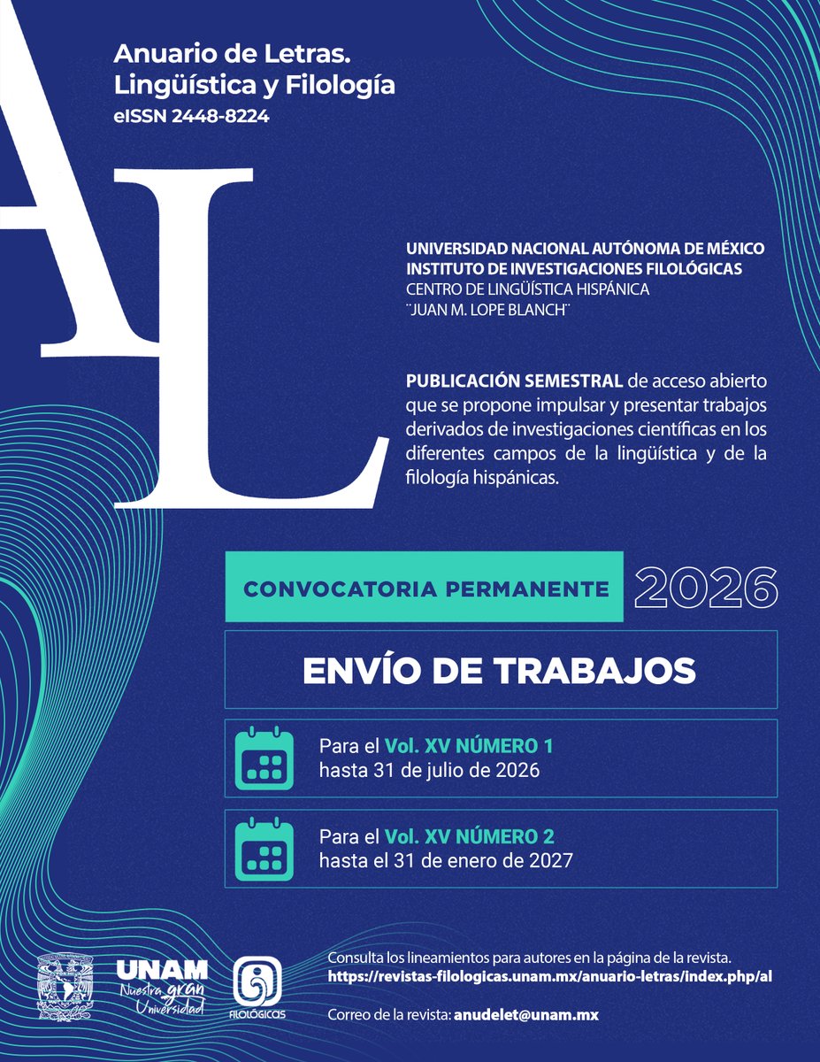IIFL_UNAM's tweet photo. La revista 𝘼𝙣𝙪𝙖𝙧𝙞𝙤 𝙙𝙚 𝙇𝙚𝙩𝙧𝙖𝙨. 𝙇𝙞𝙣𝙜𝙪̈𝙞́𝙨𝙩𝙞𝙘𝙖 𝙮 𝙁𝙞𝙡𝙤𝙡𝙤𝙜𝙞́𝙖 mantiene abierta su convocatoria para la recepción de artículos inéditos.

Consulta los lineamientos aquí 
👉 https://t.co/dm0N4qmNVV https://t.co/lz4eeNQhL0