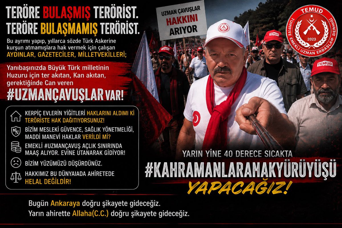 alitilkici38's tweet photo. Teröre bulaşmış Terörist.
Teröre bulaşmamış Terörist.

Bu ayrımı yapıp,Yıllarca sözde Türk Askerine  kurşun atmamışlara hak vermek için çalışan aydınlar,Gazeteciler,Milletvekilleri;

Yanıbaşınızda Büyük Türk milletinin Huzuru için ter akıtan,Kan akıtan,gerektiğinde Can veren #UzmanÇavuş lar var.

Kerpiç evlerin yiğitleri haklarını aldımıki teröriste hak dağıtıyorsunuz.
Bizim Mesleki güvence,Sağlık yönetmeliği ,maddi manevi haklar verildimi?
Emekli #UzmanÇavuş açlık sınırında maaş alıyor.Evine utanarak gidiyor 
Bizim yüzümüzü düşürdünüz.
Hakkımız bu dünyadada ahirettede helal değildir.

Yarın yine 40 derece sıcakta #KahramanlaraHakYürüyüşü yapacağız.
Bugün Ankaraya doğru şikayete gideceğiz.
Yarın ahiretde Allaha(C.C.) doğru şikayete gideceğiz.
@TEMUD_2024