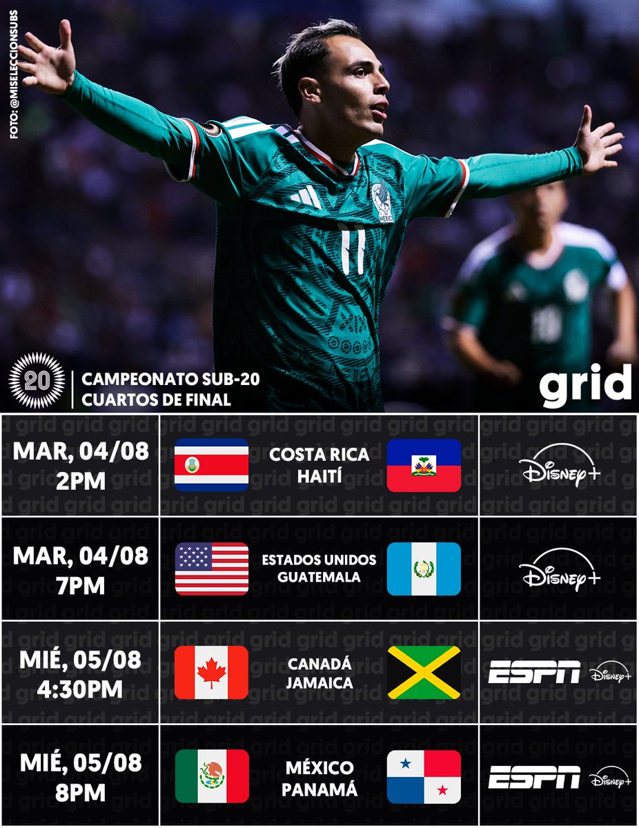 gridDeportes's tweet photo. ⚽️ Grid de los Cuartos de Final del Campeonato Sub-20 de la #Concacaf 🏆

— Los SEMIFINALISTAS clasifican a la Copa del Mundo de 2027.
— El CAMPEÓN clasifica a los Juegos Olímpicos de 2028.

ℹ️ Horarios y transmisiones para México.
⚠️ Sujeto a cambios de último momento. https://t.co/XBFJrcWOTZ