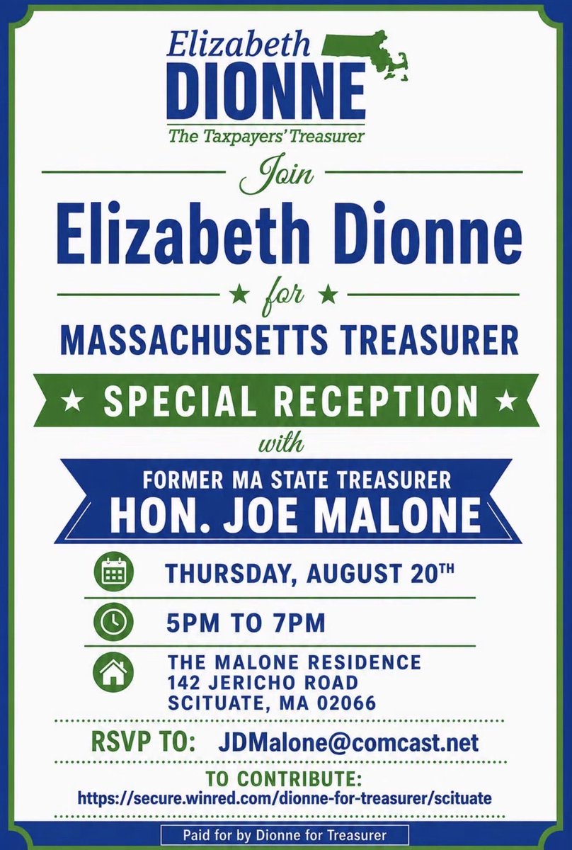 massgop's tweet photo. 🇺🇸 Join Us in Supporting Elizabeth Dionne! 🇺🇸

You’re invited to a special reception for Elizabeth Dionne, candidate for Massachusetts State Treasurer, hosted by former Massachusetts State Treasurer Joe Malone!

📅 Thursday, August 20
🕔 5:00 PM
📍 142 Jericho Road
Scituate, MA 02066

Come meet Elizabeth, hear about her vision to serve as the Taxpayers’ Treasurer, and learn how you can help bring greater transparency, accountability, and fiscal responsibility to the Treasurer’s Office.

To RSVP: Email the first and last names of all guests to JDMalone@comcast.net.

Support Elizabeth’s campaign here:
https://t.co/Z55q3qaWjs

#mapoli